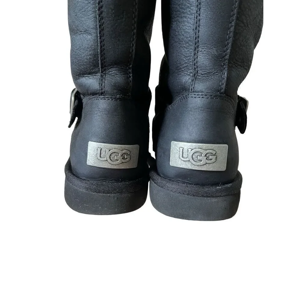 UGG Australia Women Sutter Black Leather Dual Buckle Moto Biker Boots size‎ 6